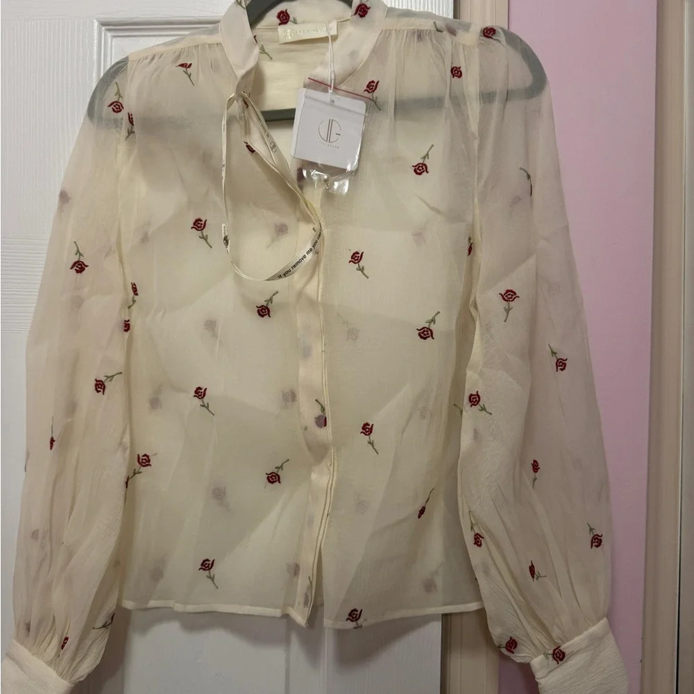 Chic Sheer Blouse with Red Floral Accents and skirt - Picture 3 of 7